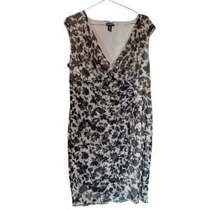ALFANI Ruched Faux‎ Wrap Dress Floral Plus Size 18W Black Off White V-Neck